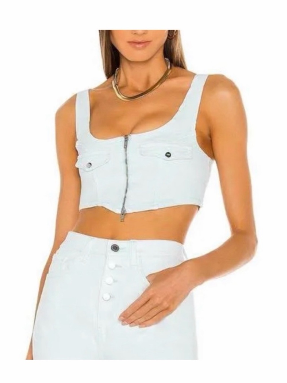 WeWoreWhat  Light Blue Bleached Denim Zip-Front Corset Top